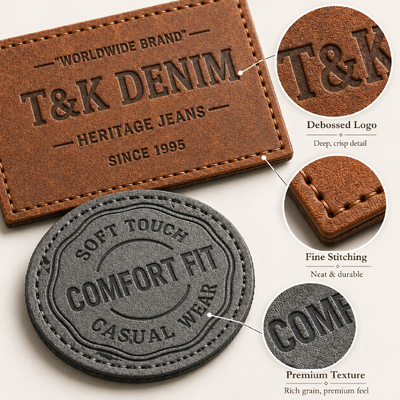 Custom PU Leather Patches with 3D Embossed Logo for Denim Clothing Brands in Customized Sizes
